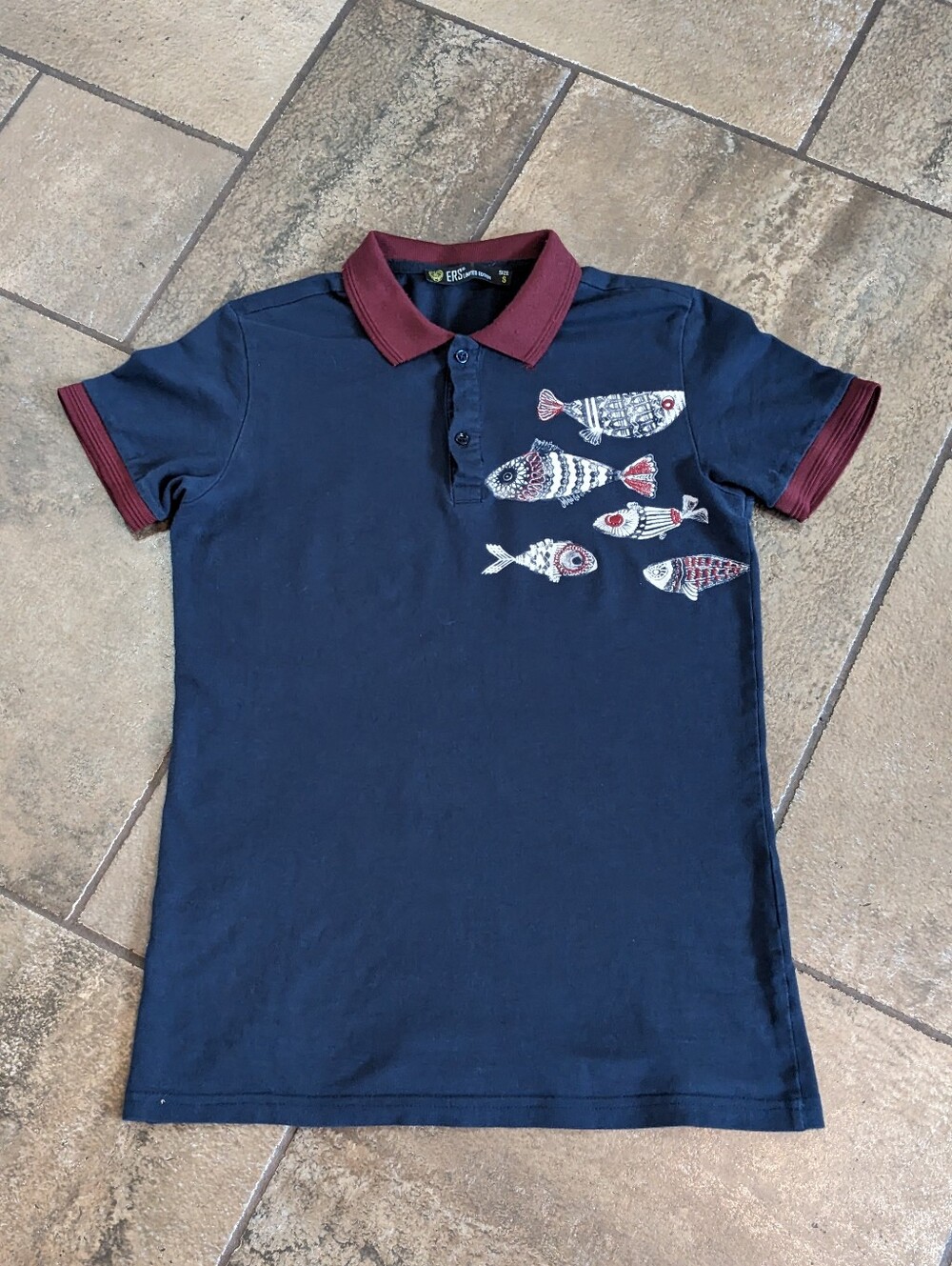 ERS Limited Edition Vintage Fish Embroidered Two Tone Polo Shirt Size S Blue 💙